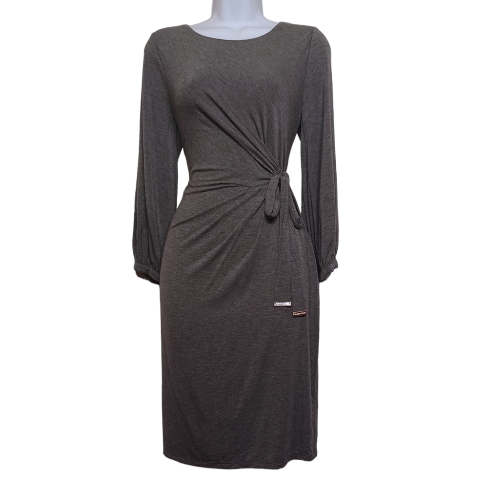 TOMMY HILFIGER Marled Gray Print Side Faux Wrap Style Stretchy Dress 8 M